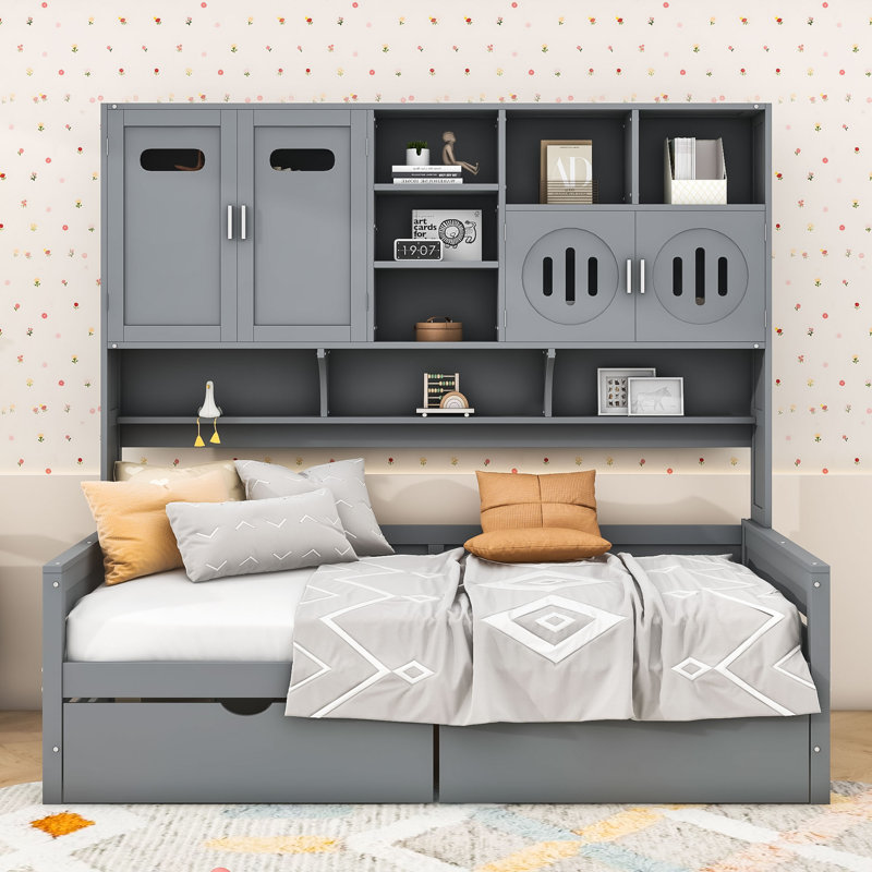 2 Drawers Wood Daybed with Shelves, Gray, Twin