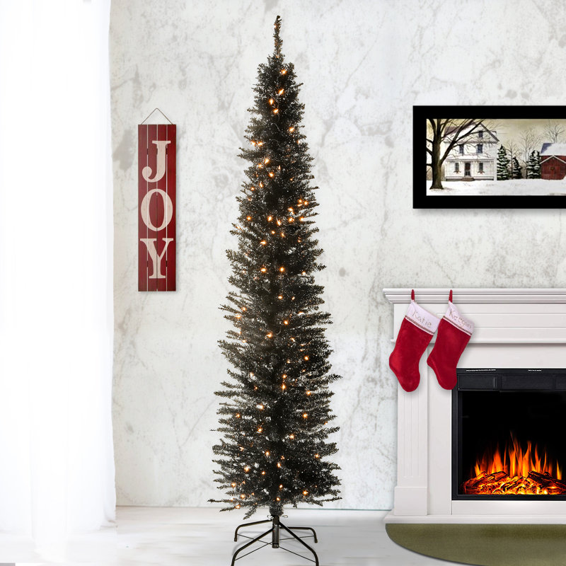 Black Tinsel Tree with Clear Lights, 7'
