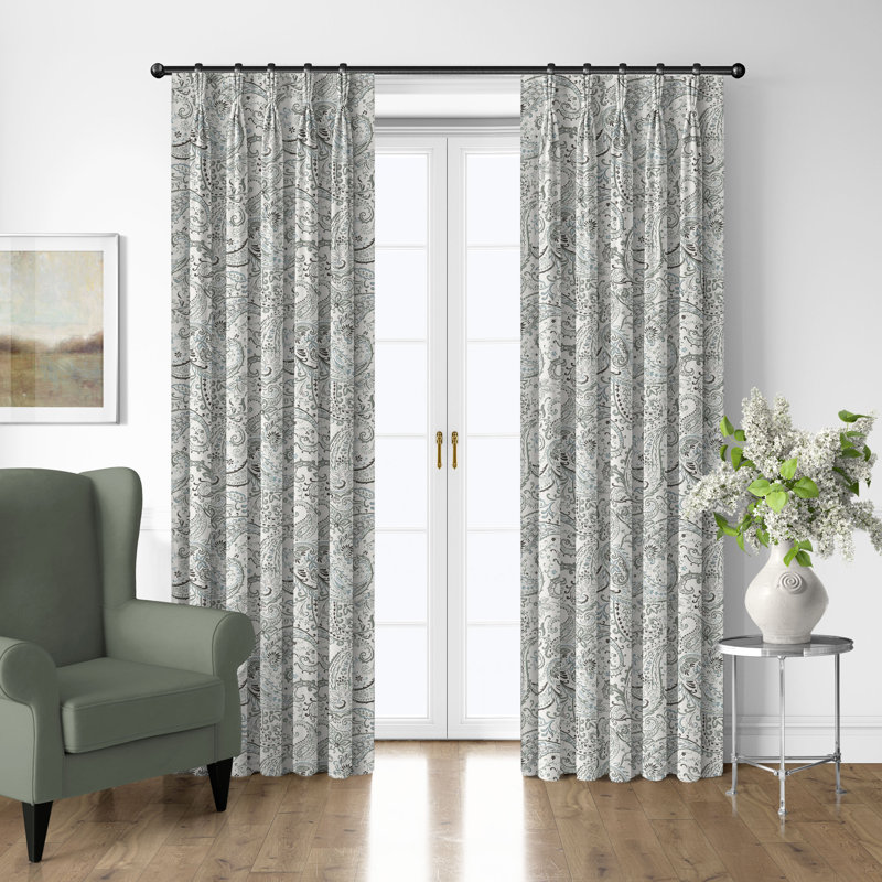 Paisley Seafoam Cotton Pinch Pleat Drapery Panel Set of 2, 20" W x 132" L