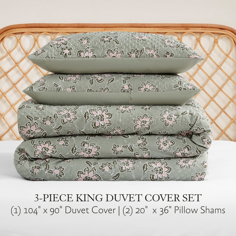 Botanical Embossed Polyester Bedding Set, King Duvet Cover + 2 King Shams