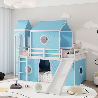 Twin Size Loft  Bed with Slide Pink Tent and Tower - Blue