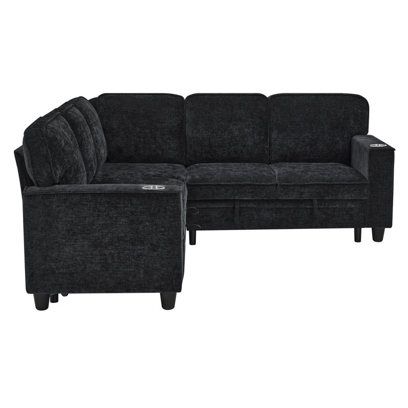 81"W Chenille Sofa Bed L-Shaped Sectional Sofa Bed With Pull-Out Bed & Storage & USB Charging, Charcoal Gray Chenille