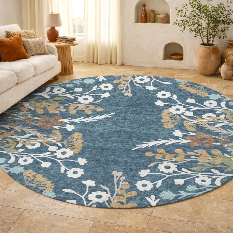 Tapis floral lavable à la machine de qualité supérieure Mayfield AMF2334, Denim, 8' Round