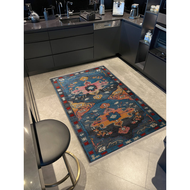 Tapis décoratif bleu multicolore à motif frangé et à motif traditionnel, Rectangle 5 pi x 9 pi 11 po