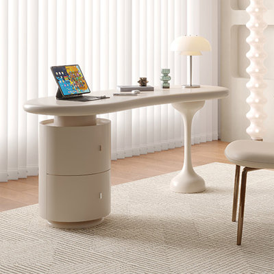 White Curved Solid + Manufactured Wood with 2 drawers desk