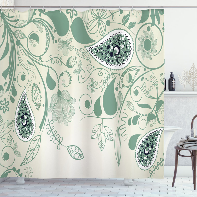 Olive Green Paisley Floral Fabric Shower Curtain