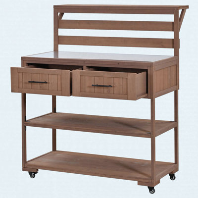 Chariot de cuisine en bois massif pour îlot de cuisine 62,3 po avec plateau en acier inoxydable, banc de jardin avec tablette surélevée et tiroirs, table de préparation pour barbecue, fête