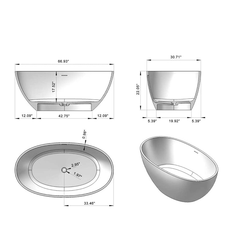 Freestanding Solid Surface Soaking Bathtub With Drainpipe