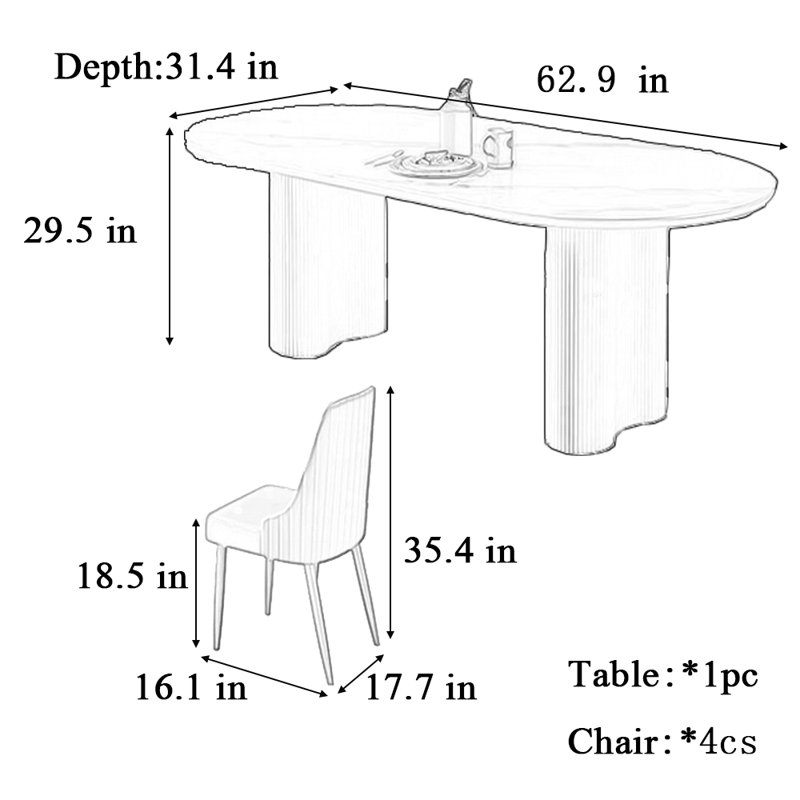 Table et chaises de salle à manger ovales de style crème, H 29,5 po x L 62,9 po x l 31,4 po