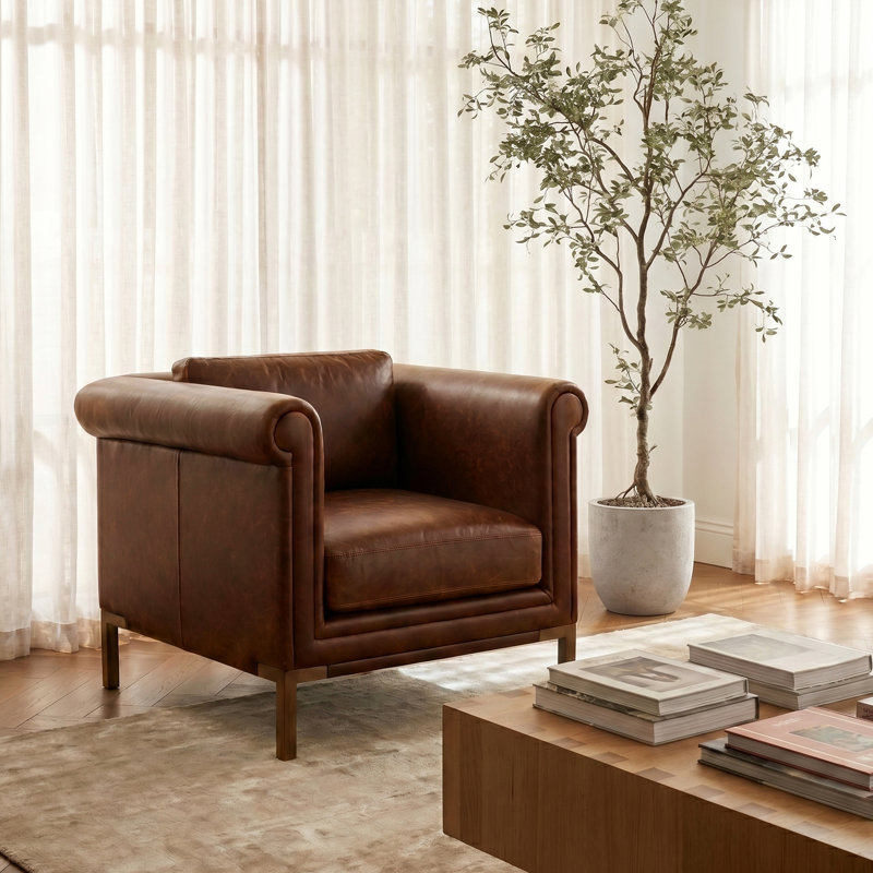 Bruges Full-Grain Italian Leather Lounge Chair in Chocolate Brown, Chocolate Brown Genuine Leather