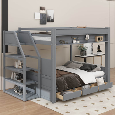A Full-Sized Wooden Convertible Bunk Bed With A Storage Staircase, Bedside Table, And Three Built-In Drawers