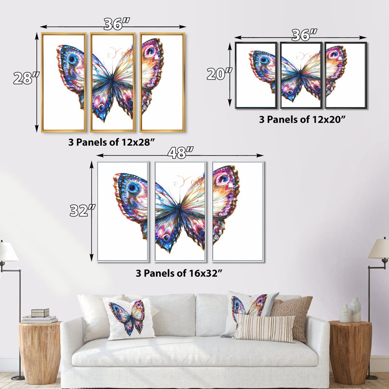 Papillon isolé - 3 pièces, cadre flottant, impression sur toile, Cadre noir, L 36 po x H 28 po