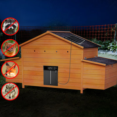 Poulailler automatique avec système de porte solaire, espace intérieur ventilé, 2 sections de nidification, minuterie et dispositif de détection, plateau coulissant d'extérieur en bois massif pour un nettoyage facile, rouge brique, 67,97 po,
