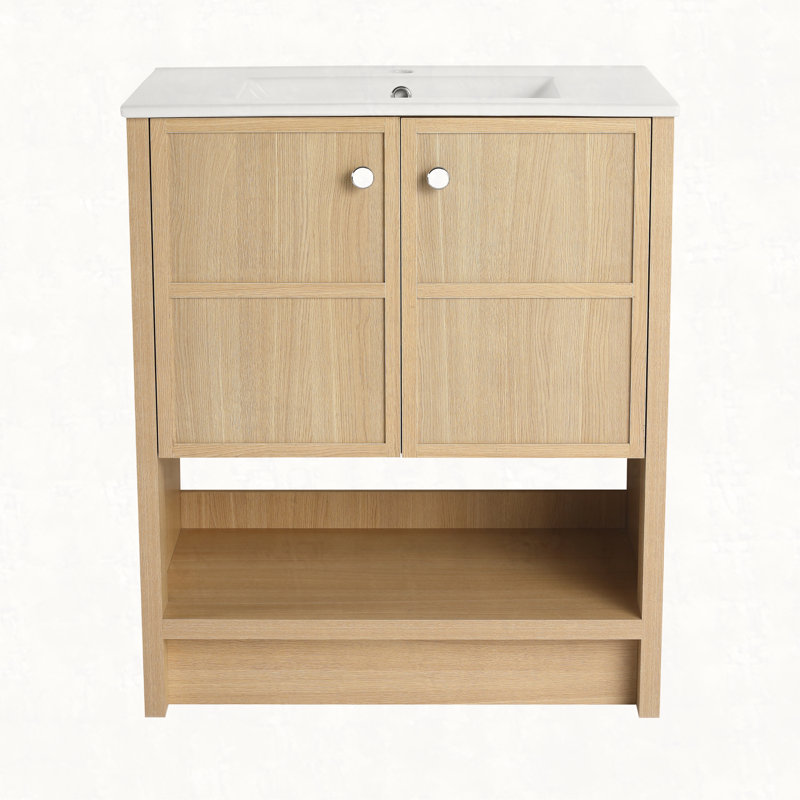 Meuble-lavabo autoportant avec lavabo en céramique, 2 portes à fermeture douce, chêne, contreplaqué, 30"