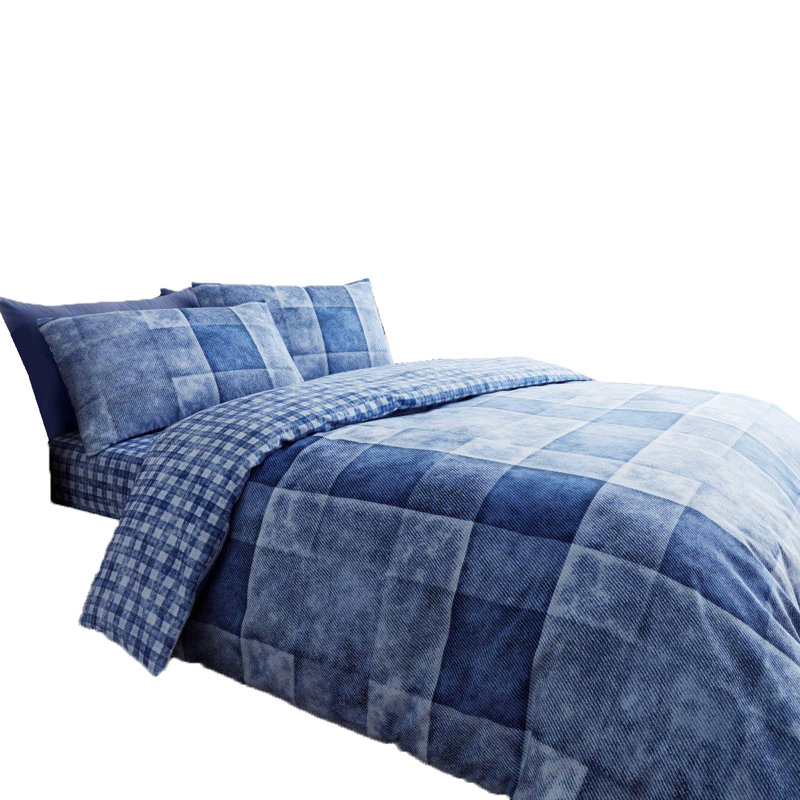 Modern Check Pattern Polycotton Duvet Cover and Pillowcase Set - Machine Washable, Single, Blue