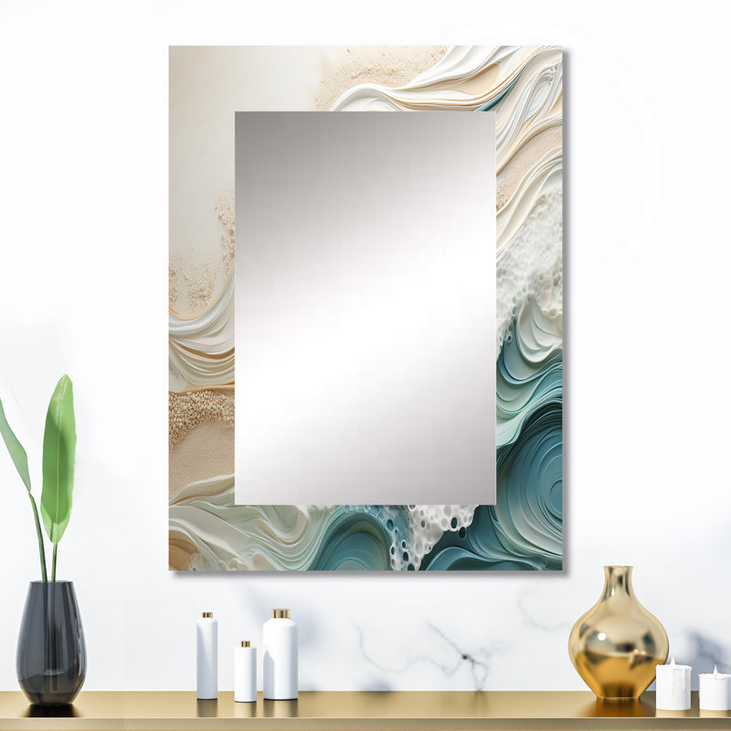 Modern Blue And Beige Sand Aerial View IV - Beach Sand Unique Mirror, Beige Large Wall Mirror, Printed Metal Art, 32" x 24"