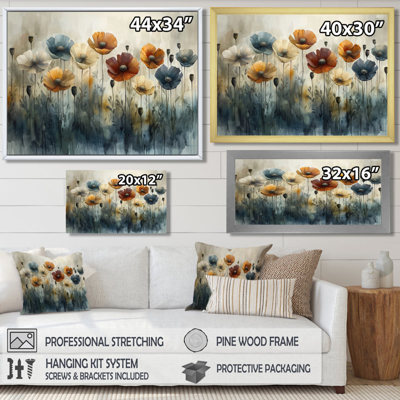 Hiver, minimalisme, coquelicots, champ I - coquelicots, art mural, Cadre flottant brun, H 28 po x l 60 po