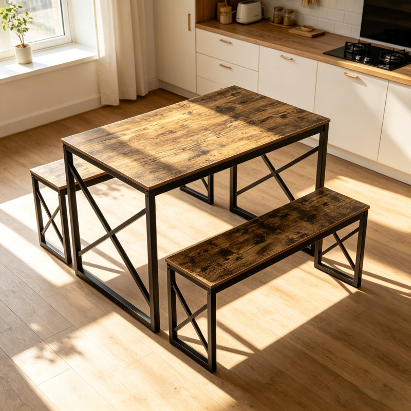 3-Pieces Dining Table Set, Rectangle Dinette With 2 Benches, Metal Frame For Dining Room, Living Room, Brown