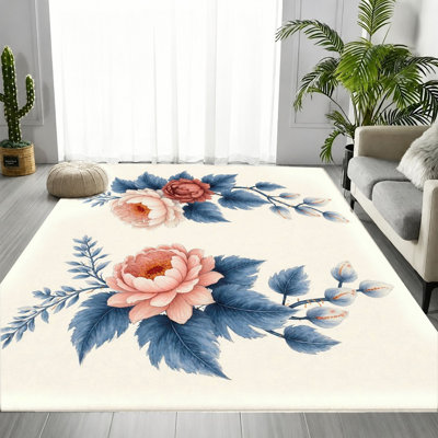 Tapis floral rétro rose, bleu et rose, motif de fleurs aquarelles romantiques, tapis de sol antidérapant, lavable à la machine, résistant à l'eau et élégant, décoration intérieure élégante pour le salon, la chambre à coucher, le vestibule, la porte d'entrée, la cuisine, le balcon, appartement