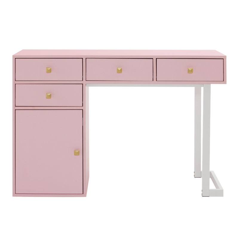 Arbadella Vanity Makeup Desk, Rectangle Accent Manicure Table with Cabinet, Pink/White