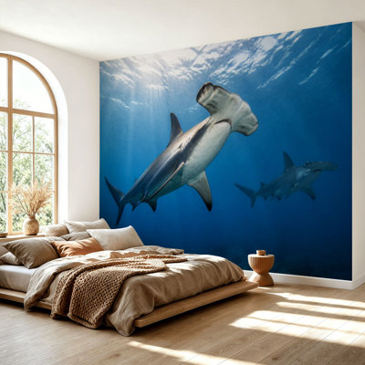 Wall Mural Peel and Stick Wallpaper Hammerhead shark Sphyrnidae swimming tropical underwaters 3d rendering Self-Adhesive Removable Contact Paper Wall Decor for Living Room Bedroom 69"H x 96"W