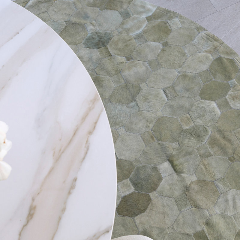 Cowhide Geometric Area Rug in Moss, Oval 6'7" x 9'8"