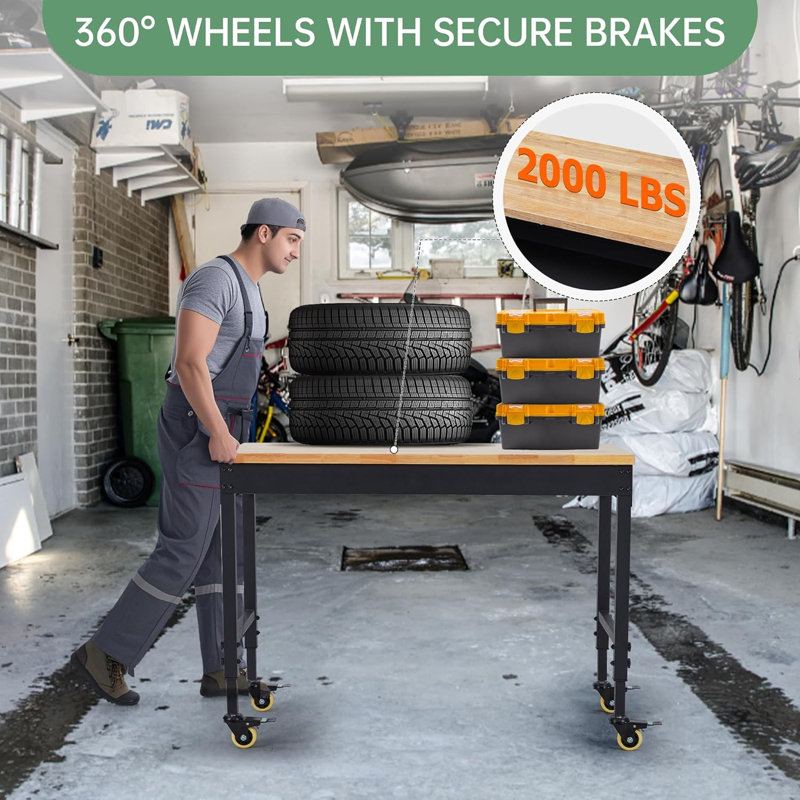 Établi robuste et réglable, table de travail en bois d'hévéa avec capacité de charge de 2000 lb avec prise de courant en panneau perforé et roues verrouillables pour le garage, l'atelier et le bureau