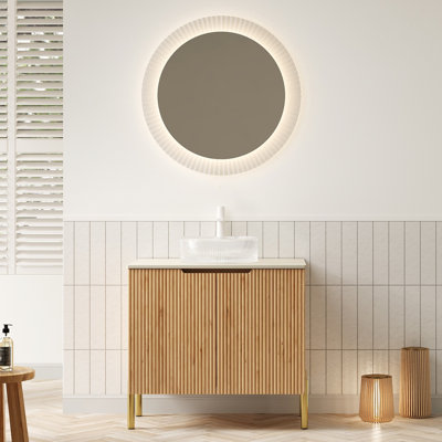 Meuble-lavabo de 30 po avec lavabo rond transparent en verre cristal, comptoir en pierre frittée, armoire en contreplaqué 2 portes, lavabo avec option de rangement, article de décoration moderne
