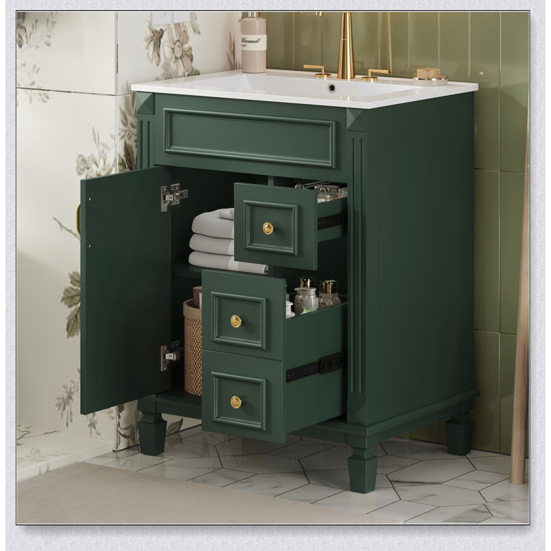 Meuble-lavabo de 24 pouces avec lavabo en céramique, conception compacte, 2 tiroirs et tablette réglable pour les salles de bain modernes