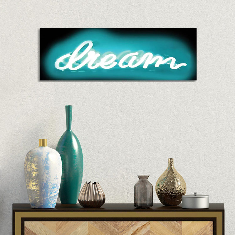 Neon Dream Aqua On Black by Hailey Carr - Wrapped Canvas Panoramic Print, 30.48 cm H x 91.44 cm W x 1.91 cm D