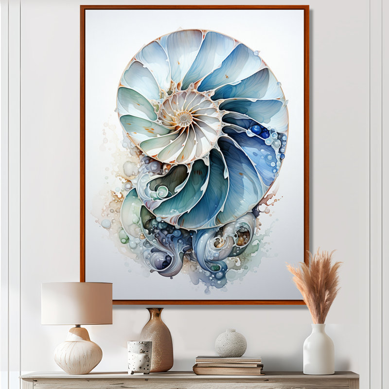 Nautilus Ocean Blue Sheels Symetry - Nautilus, art mural, Reproduction avec cadre flottant, H 20 po x l 12 po, Brun