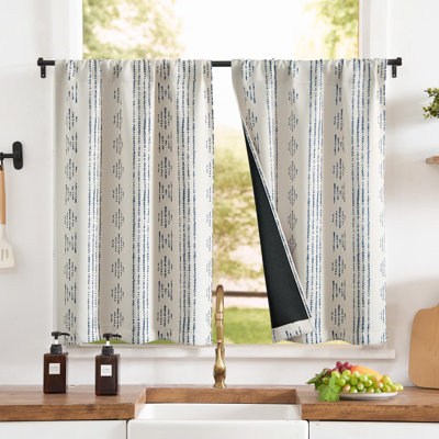 95% rideaux occultant de cuisine Boho 36 po, 2 panneaux, bleu sur beige
