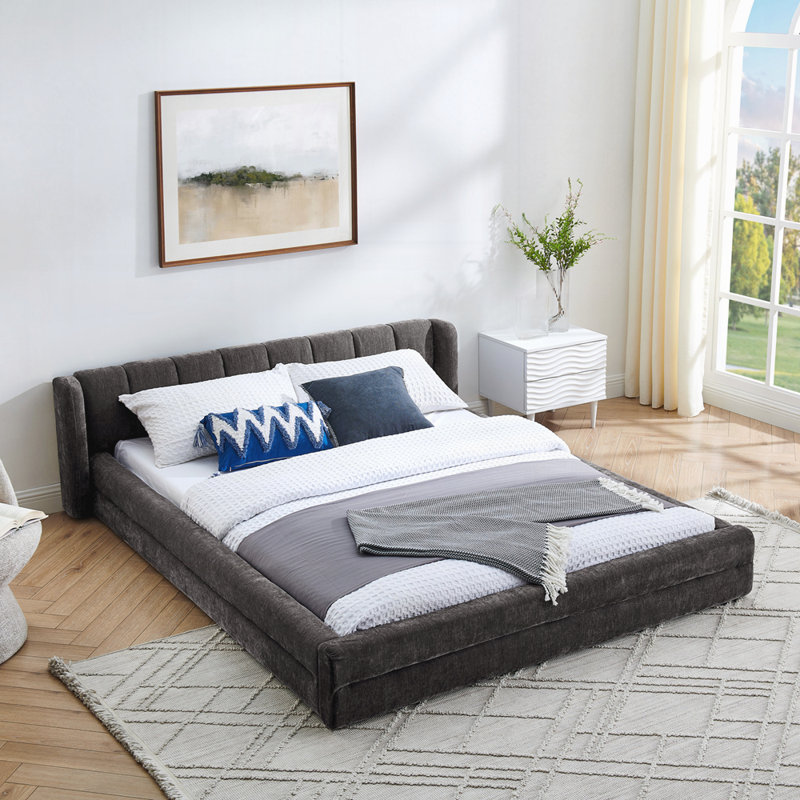 Structure de lit tapissier avec tissu épais, lit plateforme avec tête de lit, Gris foncé