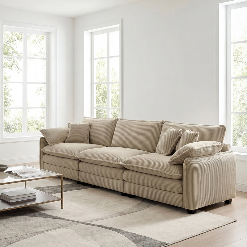Mid-century Modern 3-seater Sectional Sofa With 2 Arm Pillows And 3 Throw Pillows, Tan