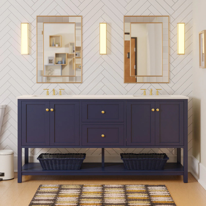 Binne 72'' Double Bathroom Vanity with Top, Royal Blue, Engineered White