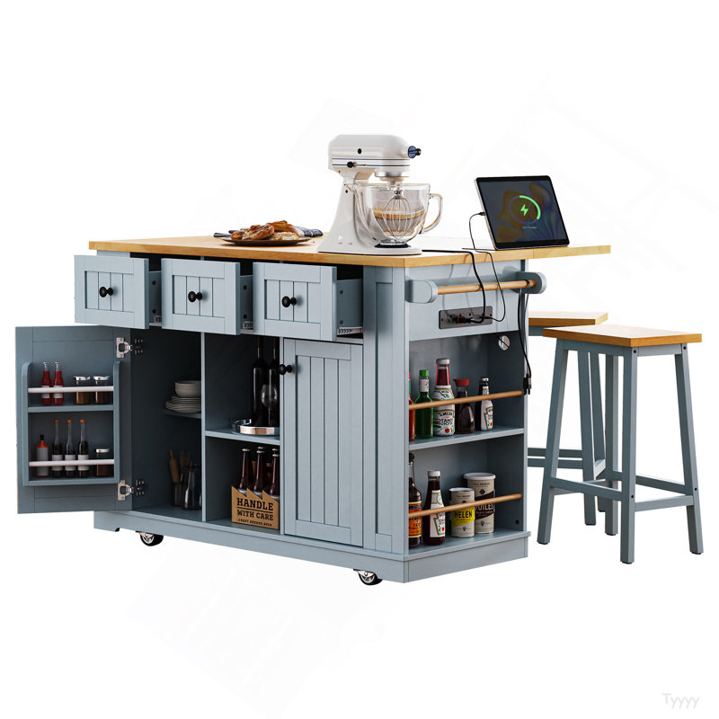 53Inch Large Kitchen Island With 2 Bar Stools, Power Outlet,Door Internal Storage Rack,Kitchen Storage Cart On 5 Wheels With Drop Leaf,5 Open Side Racks,3 Drawers For Kitchen,Dining Room,Grey Blue