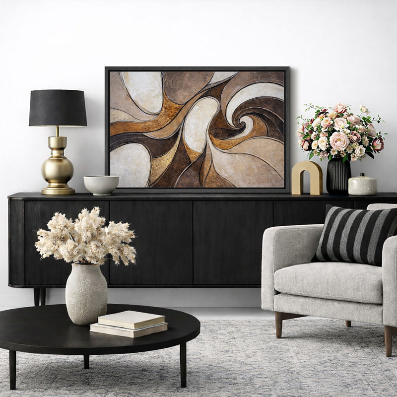 Œuvre abstraite de courbe fluide or brun, images de salon de luxe, impression sur toile encadrée, impression numérique