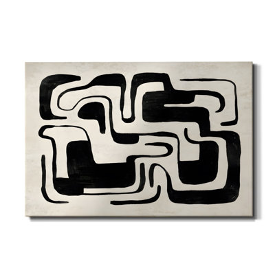 Modern Abstract Black and White Maze Framed Canvas Wall Art - Bold Brushstroke Labyrinth Pattern Print