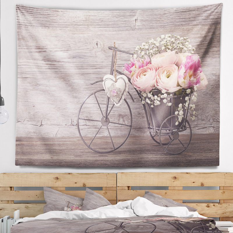 Tapisserie de fleurs de renoncule dans un vase de bicyclette, H 50 po x l 60 po
