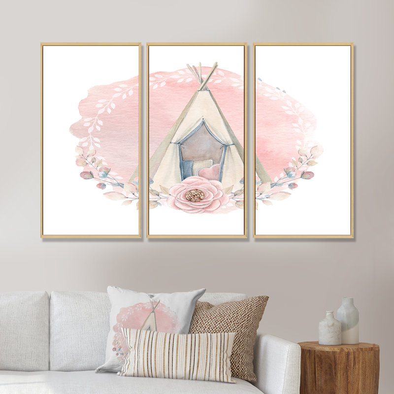 «Kids Boho Wigwam In Pink», peinture sur toile 3 pièces, Cadre brun, H 32 po x l 48 po