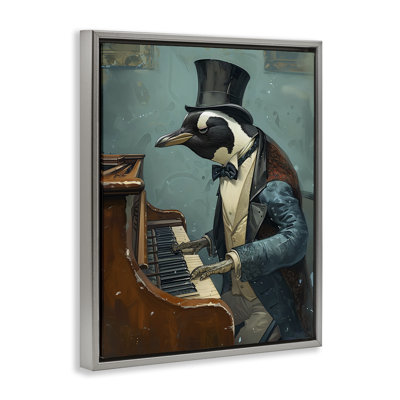 Piano Playing Penguin Gray Framed Floater Canvas Wall Art by Ray Heere