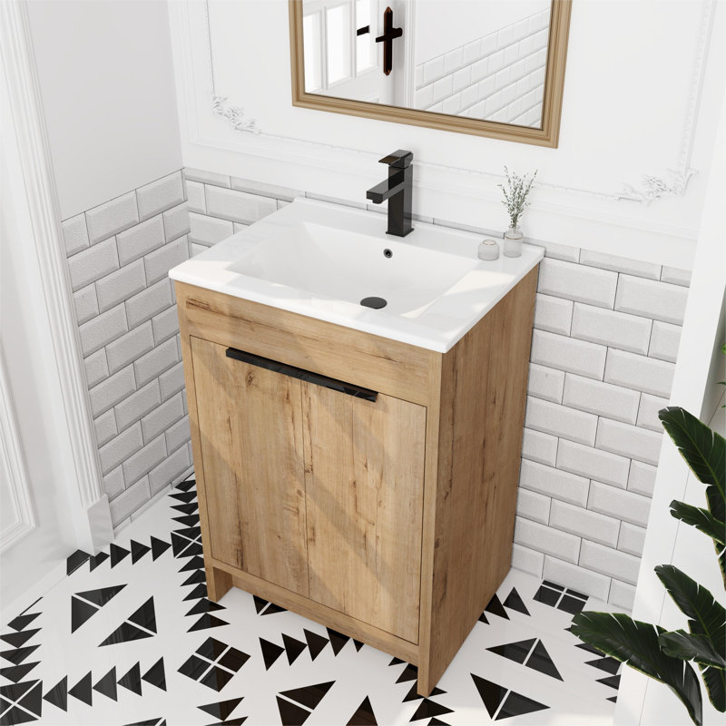 Jeliana 24'' Single Bathroom Vanity with Ceramic Top，2 Soft Close Doors and 1 Adjustable Shelf, Brown