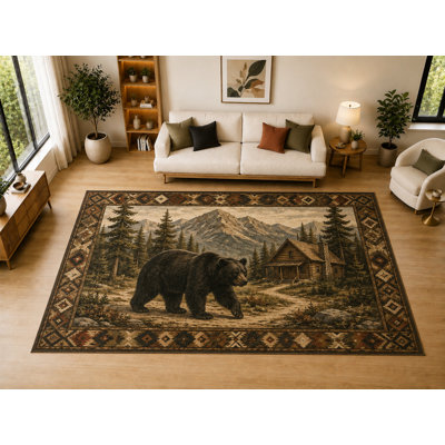Tapis d'intérieur ultra-léger « Bear Cabin » (201 cm x 300 cm), motif cabane d'ours, idéal pour le salon, la chambre, la salle à manger, le bureau ou la salle familiale. Doux et à poils courts, avec un envers antidérapant en silicone. Couleur : marron.