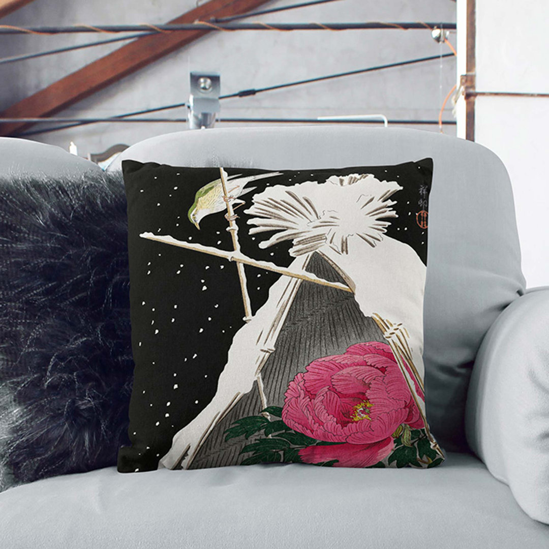 Siberian Bluechat Bird & Pink Peony by Ohara Koson Cushion with Filling