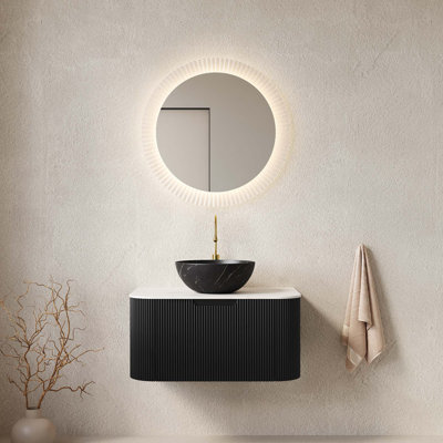 Meuble-lavabo de 30 po avec lavabo, meuble-lavabo rayé à bords arrondis avec tiroir, cuve en céramique avec cuve en céramique mate et plateau en pierre frittée Carrara, pré-assemblé
