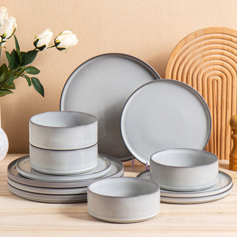  Service de table en grès 12 pièces Sleek Line - Service pour 4, Gris