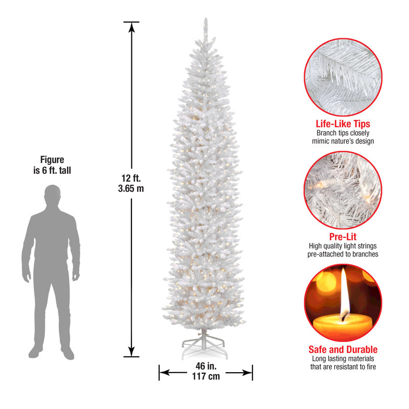 Slender White Realistic Artificial Fir Christmas Tree with Lights, 12'