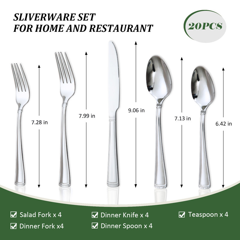 20-Piece Stainless Steel Flatware Set, Service for 4 - Complete Mirror Polished Cutlery Set