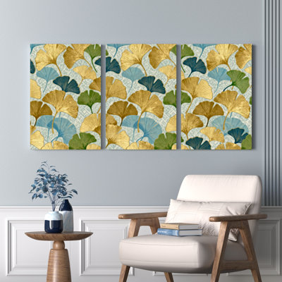 Ginkgo Leaf Pattern Abstract Art Canvas Wrapped Wall Art Set of 3 for Living Room Bedroom Home Decor