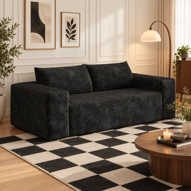 Canapé 3 places moderne de 200 cm (78,8 po) en velours côtelé doux, assise profonde et confortable, livré monté, idéal pour appartement, chambre ou bureau, noir.